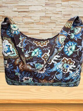 Blue & Brown Floral Quilted Handbag Purse – Classic Print, Good Condition